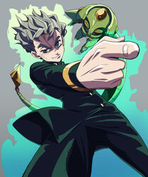  1boy aura bad_id bad_pixiv_id blue_eyes commentary_request echoes_(stand) echoes_act2 foreshortening gakuran grey_hair hirose_koichi jojo_no_kimyou_na_bouken koitsu_(blue) male_focus pointing school_uniform smile solo stand_(jojo) 