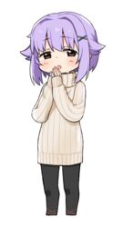  :o arms_up black_pants blush brown_eyes chibi commentary female hair_ornament idolmaster idolmaster_cinderella_girls koshimizu_sachiko long_sleeves looking_at_viewer moru_(monaka) own_hands_together pants purple_hair ribbed_sweater short_hair simple_background solo standing sweater turtleneck turtleneck_sweater white_background white_sweater x_hair_ornament 