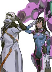  2girls absurdres ana_(overwatch) arm_cannon armor bodysuit boots bracer breasts brown_eyes brown_hair closed_mouth coat commentary_request cowboy_shot d.va_(overwatch) facepaint facial_mark from_behind gatling_gun gloves gun hand_to_forehead hand_to_head hand_up headband headphones highres korean_commentary legs_together long_hair long_sleeves looking_at_another mecha medium_breasts meka_(overwatch) muehe multiple_girls overwatch overwatch_1 pauldrons pilot_suit ribbed_bodysuit robot salute shoulder_armor shoulder_pads simple_background thigh_boots thigh_strap thighhighs turtleneck watermark weapon whisker_markings white_background white_footwear white_gloves white_hair 