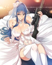  arm_support ban!_(bansankan) blue_eyes blue_hair breasts bridal_veil cleavage commentary detached_sleeves dress female grisaia_(series) grisaia_no_meikyuu grisaia_no_rakuen gun highres holding holding_gun holding_weapon kusakabe_asako large_breasts long_hair looking_at_viewer navel reclining rifle see-through sitting smile sniper_rifle solo thighhighs veil weapon wedding_dress white_thighhighs 