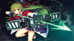  aristear_remain astronauts astronauts_comet bow_(weapon) breasts cape eyebrows eyebrows_visible_through_hair female fighting_stance floating_hair game_cg gloves green_eyes green_hair hat highres ichinose_anzu kokusan_moyashi large_breasts legs long_hair looking_at_viewer magic rozea serious simple_background skirt sneakers socks solo thighs weapon 