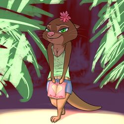  1:1 2019 absurd_res anthro barefoot bottomwear clothed clothing disney feet female flower fur green_eyes hi_res kris_(zootopia) looking_at_viewer mammal mustelid nemonutkin otter plant shirt shorts smile solo standing tank_top text topwear whiskers zootopia 