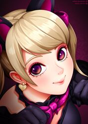  animal_ears black_cat_d.va black_gloves blonde_hair bow bowtie cat_ears d.va_(overwatch) earrings female gloves heart heart_earrings jewelry lips looking_at_viewer neocoill overwatch overwatch_1 patreon_logo patreon_username paw_pose purple_bow purple_bowtie purple_eyes twintails 