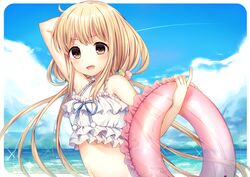  bikini blonde_hair brown_eyes cloud commentary_request day female flower frilled_bikini frills futaba_anzu hair_flower hair_ornament horizon idolmaster idolmaster_cinderella_girls idolmaster_cinderella_girls_starlight_stage innertube long_hair low_twintails ntk_(7t5) ocean open_mouth sky smile solo sparkle swim_ring swimsuit twintails 