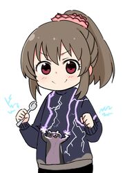  arms_up blue_sweater blush brown_hair cat_shooting_lightning clenched_hand closed_mouth commentary female hair_ornament hair_scrunchie high_ponytail holding holding_spoon hori_yuko idolmaster idolmaster_cinderella_girls long_sleeves looking_at_viewer meme moru_(monaka) pink_eyes pink_scrunchie scrunchie short_hair simple_background smile solo spoon sweater v-shaped_eyebrows white_background 