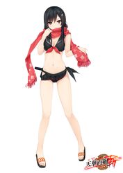  absurdres alternate_costume bikini black_bikini black_hair breasts cleavage coffee-kizoku commentary_request copyright_name enpera female full_body hair_ornament highres long_hair looking_at_viewer medium_breasts official_alternate_costume open_mouth red_eyes red_scarf sayo_samonji_(tenka_hyakken) scarf simple_background solo standing swimsuit sword tenka_hyakken weapon white_background 