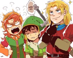  anime_coloring blue_eyes blush breasts commentary_request curly_hair dragon_quest dragon_quest_vii dress female hat hero_(dq7) hood kiefer long_hair maribel_(dq7) medium_breasts multiple_boys open_mouth red_hair sei_(seiryuuden) smile 