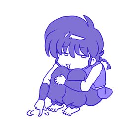  chibi full_body monochrome on_floor ponytail ranma_1/2 saotome_ranma simple_background sitting wantan-orz white_background 