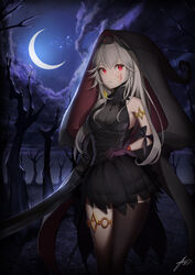  absurdres asymmetrical_legwear axoo bad_id bad_pixiv_id bare_shoulders black_legwear breasts cloud commentary crescent_moon dress eirudy female gloves highres long_hair looking_at_viewer medium_breasts moon moonlight night night_sky photoshop_(medium) red_eyes scenery silver_hair single_thighhigh sky sleeveless sleeveless_dress solo standing star_(symbol) thighhighs thighlet uneven_legwear witch_springs 