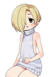  arm_at_side blonde_hair blush brown_eyes commentary ear_piercing female flat_chest grey_sweater hair_over_one_eye idolmaster idolmaster_cinderella_girls kneeling long_bangs looking_at_viewer meme_attire moru_(monaka) naked_sweater piercing shirasaka_koume simple_background sleeveless sleeveless_sweater solo sweater turtleneck turtleneck_sweater virgin_killer_sweater white_background 