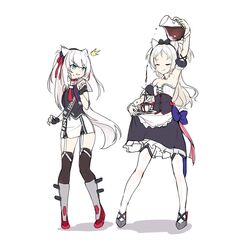  2girls :3 american_flag american_flag_print animal_ears apron arm_up armpits azur_lane bare_shoulders black_bow black_bowtie black_gloves black_legwear black_shirt black_thighhighs blue_bow blue_bowtie boots bow bowtie breasts cat_ears character_name chocolate choker cleavage clenched_hand clothes_lift clothes_writing collar commentary corset cosplay costume_switch cropped_jacket cross-laced_clothes cross-laced_dress cuff_links cup decantering detached_collar detached_sleeves dress dress_lift fingerless_gloves flag_print frilled_apron frilled_dress frilled_sleeves frills full_body gloves grey_footwear hair_ribbon hairband hairbow hammann_(azur_lane) hammann_(azur_lane)_(cosplay) hammann_(retrofit)_(azur_lane) hood hood_down hooded_jacket hoodie jacket kaede_(yumesaki_kaede) knee_boots legwear_garter long_hair looking_at_another maid miniskirt multiple_girls neckerchief necktie overflowing pencil_skirt pigeon-toed pitcher_(container) pouring puffy_short_sleeves puffy_sleeves red_bow red_bowtie red_choker red_collar red_neckerchief red_necktie red_ribbon ribbon rudder_footwear saucer shirt short_dress short_sleeves sims_(azur_lane) sims_(azur_lane)_(cosplay) sims_(retrofit)_(azur_lane) skindentation skirt sleeveless sleeveless_shirt small_breasts smug standing surprised sweatdrop teacup thighhighs thighhighs_under_boots two_side_up v-shaped_eyebrows very_long_hair waist_apron waist_bow white_background white_hair white_hoodie white_thighhighs wrist_cuffs 