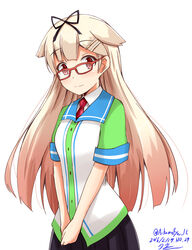  aikawa_ryou alternate_costume bespectacled black_ribbon black_skirt blonde_hair blouse commentary_request dated employee_uniform eyebrows familymart female glasses gradient_hair hair_flaps hair_ribbon highres kantai_collection light_smile long_hair looking_at_viewer multicolored_hair necktie pleated_skirt red_eyes red_hair red_necktie ribbon shirt signature skirt solo uniform upper_body v_arms white_shirt yuudachi_(familymart)_(kancolle) yuudachi_(kancolle) yuudachi_kai_ni_(kancolle) 