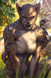  2019 abs animal_humanoid anthro artgerm athletic biped breasts cheetah cheetah_(dc) cheetah_humanoid dc_comics featureless_breasts felid felid_humanoid feline feline_humanoid female grass hi_res humanoid looking_at_viewer mammal mammal_humanoid muscular muscular_anthro muscular_female nude official_art open_mouth outside plant sitting solo yellow_eyes 