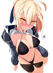  ahoge artoria_pendragon_(fate) bike_shorts bikini black-framed_eyewear black_bikini black_shorts braid breasts clothes_lift clothes_pull collarbone commentary_request fate/grand_order fate_(series) female french_braid glasses hair_bun highres jacket kawa_mura medium_breasts mysterious_heroine_x_alter_(fate) mysterious_heroine_x_alter_(second_ascension)_(fate) navel open_clothes open_jacket semi-rimless_eyewear shirt_lift shorts shorts_pull simple_background single_hair_bun solo spoken_squiggle squiggle sweat swimsuit under-rim_eyewear white_background yellow_eyes 