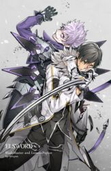  2boys add_(elsword) artist_name back-to-back bad_id bad_pixiv_id black_hair black_pants blade_master_(elsword) copyright_name cowboy_shot daizu_yan elsword gloves grey_background grin jacket light_purple_hair looking_at_viewer looking_back lunatic_psyker_(elsword) male_focus messy_hair multiple_boys pants purple_eyes raven_cronwell smile sword weapon yellow_eyes 