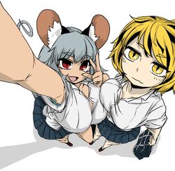  2girls :d alternate_breast_size animal_ears armpit_peek armpits black_hair blonde_hair breast_press breasts buchineko_(skapple4) bursting_breasts button_gap cleavage commentary_request grey_hair highres huge_breasts large_breasts miniskirt mouse_ears mouse_tail multicolored_hair multiple_girls nazrin open_mouth pose reaching reaching_towards_viewer red_eyes school_uniform selfie short_hair skirt smile streaked_hair tail tan thick_eyebrows toramaru_shou touhou two-tone_hair v v_over_eye wavy_mouth white_background yellow_eyes 