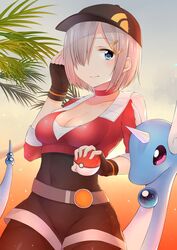  absurdres baseball_cap belt black_gloves black_pantyhose blue_eyes breasts choker cleavage closed_mouth collarbone commentary_request cosplay cover cover_page cowboy_shot cropped_jacket crossover dragonair female female_protagonist_(pokemon_go) female_protagonist_(pokemon_go)_(cosplay) fingerless_gloves gloves gradient_background grey_hair hair_ornament hair_over_one_eye hairclip hamakaze_(kancolle) hat highres holding holding_poke_ball hoshimiya_aki kantai_collection leggings light_particles looking_at_viewer medium_breasts palm_tree pantyhose poke_ball poke_ball_(basic) pokemon pokemon_(creature) pokemon_go short_hair skin_tight sleeves_past_elbows tree 