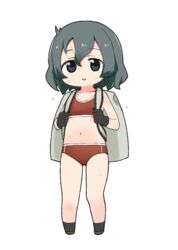  backpack bag buruma chibi commentary female flat_chest flying_sweatdrops full_body grey_hair hair_between_eyes kaban_(kemono_friends) kemono_friends moru_(monaka) navel red_buruma red_sports_bra short_hair simple_background solo sports_bra sweat sweatdrop white_background 