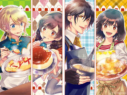  2boys 2girls :d apron argyle_background arms_up bad_id bad_pixiv_id batter black_gloves blue_eyes blue_neckwear brown_eyes brown_hair cain_(isekai_omotenashi_gohan) column_lineup commentary_request earrings eating fingerless_gloves food gloves grey_legwear hair_between_eyes hair_ornament hairclip holding holding_plate holding_spoon isekai_omotenashi_gohan jade_(isekai_omotenashi_gohan) jewelry ketchup long_hair medium_hair mixing_bowl multiple_boys multiple_girls official_art omelet omurice onigiri open_mouth plaid plaid_background plate ponytail pudding red_eyes siblings sisters smile sparkle spoon takanashi_akane takanashi_hiyori_(isekai_omotenashi_gohan) toggles watermark wavy_mouth whisk yukikana 