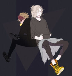  2boys back-to-back bad_id bad_pixiv_id blonde_hair blowing_bubbles brown_eyes chewing_gum con_potata crossed_legs green_eyes half_updo highres hood hoodie looking_back male_focus minami_kenjirou multicolored_hair multiple_boys red_hair shoes sitting sneakers two-tone_hair yuri!!!_on_ice yuri_plisetsky 