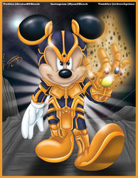  2018 4_fingers anthro armor border clothing crossover digital_media_(artwork) disney fingers gauntlets gem gloves gold_border handwear infinity_gauntlet looking_at_viewer mammal marvel mickey_mouse mouse murid murine rcbrock rodent round_ears smile solo thanos walking white_clothing white_gloves white_handwear 