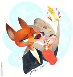  2017 abstract_background absurd_res anthro award black_tie_(suit) buckteeth canid canine clothed clothing dipstick_ears disney dress duo ear_markings female fox fur green_eyes half-length_portrait heart_symbol hi_res holding_award holding_object holding_oscar_statuette judy_hopps lagomorph leporid long_ears looking_at_viewer male mammal multicolored_ears necktie nick_wilde open_mouth open_smile oscar_statuette portrait purple_eyes rabbit simple_background smile sugarraccoon suit teeth white_background zootopia 