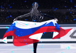  1boy aged_down bad_id bad_pixiv_id blue_flower blue_rose con_potata flag flower from_behind head_wreath indoors male_focus petals ponytail rose russian_flag skating_rink viktor_nikiforov white_hair yuri!!!_on_ice 