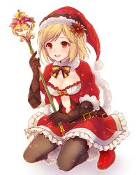  :d bell belt belt_buckle black_gloves black_thighhighs blonde_hair bow breasts brown_eyes buckle christmas cleavage cleavage_cutout clothing_cutout commentary_request djeeta_(granblue_fantasy) dress elbow_gloves female flower frilled_dress frills full_body fur_trim gloves granblue_fantasy hair_flower hair_ornament hat holding holding_wand isao_(wasamoti) kneeling looking_at_viewer medium_breasts open_mouth poinsettia pom_pom_(clothes) round_teeth santa_costume santa_hat shoes short_hair short_sleeves smile solo star_(symbol) teeth thighhighs wand white_background 