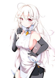  absurdres ahoge asymmetrical_legwear bare_shoulders black_gloves black_legwear breasts commentary_request dress eirudy elbow_gloves female gloves hair_between_eyes hand_on_own_hip highres long_hair looking_at_viewer medium_breasts red_eyes reon_(18426304) sideboob simple_background single_thighhigh sleeveless sleeveless_dress smile solo thighhighs uneven_legwear white_background white_dress white_hair witch_springs 