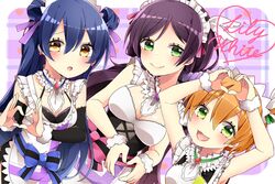  apron blue_hair blush commentary_request detached_sleeves earrings green_eyes heart heart_hands hoshizora_rin jewelry lily_white_(love_live!) long_hair love_live! love_live!_school_idol_project low_twintails maid maid_apron maid_headdress mogyutto_&quot;love&quot;_de_sekkin_chuu! multiple_girls one_side_up open_mouth orange_hair pink_scrunchie purple_hair scrunchie shizuku_(puti_0414) smile sonoda_umi tojo_nozomi twintails yellow_eyes 