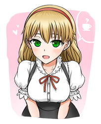  :d amy_march_(ourai_no_gahkthun) blonde_hair blush coffee_mug commentary_request cup female green_eyes hairband heart leaning_forward looking_at_viewer lowres mug open_mouth ourai_no_gahkthun puffy_short_sleeves puffy_sleeves ribbon short_sleeves smile solo steampunk_(liarsoft) tanaka_gorbachev 