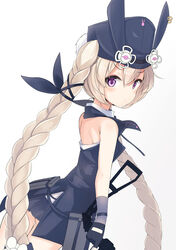  absurdres animal_ears animal_hat bad_id bad_pixiv_id barefoot blue_gloves blue_hat blue_jacket blue_ribbon blue_skirt blush braid closed_mouth commentary dutch_angle female fingerless_gloves girls&#039;_frontline gloves gradient_background grey_background gun hair_between_eyes hair_ribbon hat highres holding holding_gun holding_weapon j_young jacket light_brown_hair long_hair looking_at_viewer looking_to_the_side pleated_skirt purple_eyes rabbit_ears rabbit_hat ribbon sidelocks skirt solo sr-3mp sr-3mp_(girls&#039;_frontline) trigger_discipline twin_braids v-shaped_eyebrows very_long_hair weapon white_background 