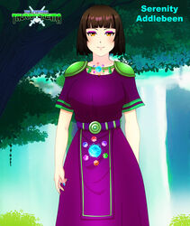  black_hair dress eyeliner forest hi_res logo looking_at_viewer mature mature_female mature_woman nail_polish orange_eyes original original_character outdoors outside sacredcourage serenity_addlebeen_(the_legendary_tauran&#039;creima) shoulder_pads smile the_legendary_tauran&#039;creima tree waterfall 