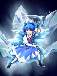  blue_eyes blue_hair bow cerberus_(weapon) cirno commentary_request cryokinesis devil_may_cry_(series) devil_may_cry_3 female hairbow highres neck_ribbon nunchaku parody ribbon short_hair solo touhou weapon wings yukichi_(bancho99) 