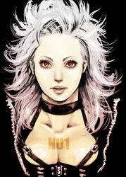  breasts cleavage commentary_request dorohedoro female medium_breasts miso-234 noi_(dorohedoro) photoshop_(medium) red_eyes solo white_hair 