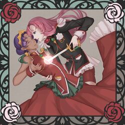  2girls bad_id bad_pixiv_id blue_eyes dark-skinned_female dark_skin glasses himemiya_anthy human_scabbard long_hair multiple_girls nanairo pink_hair purple_hair sekai_wo_kakumei_suru_chikara_wo short_hair shoujo_kakumei_utena sword sword_of_dios tenjou_utena weapon 