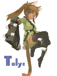  animal_ears blue_eyes brown_hair cat_ears cat_tail character_name commentary_request eiyuu_chronicle female long_hair maruku photoshop_(medium) ponytail solo tail thighhighs underwear weapon 