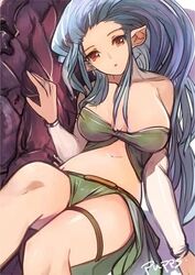  :o bare_shoulders breasts breasts_apart collarbone commentary_request detached_sleeves dragon female granblue_fantasy large_breasts light_purple_hair long_hair long_sleeves looking_at_viewer navel open_mouth orange_eyes pupps simple_background solo strapless thigh_strap tiamat_(granblue_fantasy) very_long_hair white_background 