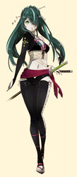  alternate_costume alternate_hairstyle bandages commentary_request female green_eyes green_hair hair_over_one_eye hatsune_miku katana knife_(vocaloid) legs long_hair moonlight_butterfly_(module) navel ninja project_diva_(series) sarashi shuri_(84k) simple_background solo sword thighhighs twintails vocaloid weapon 