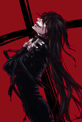  1boy alucard_(hellsing) black_hair commentary_request gloves hellsing highres image_sample kabane_(follabi) long_hair male_focus photoshop_(medium) pixiv_sample red_eyes sharp_teeth smile solo teeth 