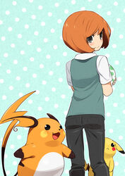  1boy agemono androgynous bowl_cut egg grey_eyes holding looking_back orange_hair pants pikachu pokemon pokemon_(game) pokemon_xy raichu short_hair solo standing sweater_vest toroba_(pokemon) trap 