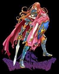  1boy armor brown_eyes brown_hair cape carrying copyright_name dragon_quest dragon_quest_i female gauntlets helmet hero_(dq1) hinafuru long_hair princess_laura sandals shield sword weapon 