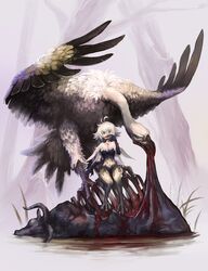  ahoge bird blood blue_eyes carcass collarbone commentary_request female highres looking_at_viewer open_mouth original short_hair sitting solo tsutamine_tomori vulture white_hair 