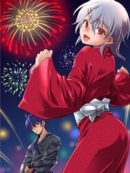  2boys androgynous bad_id bad_nijie_id blue_eyes blue_hair check_source contrapposto crossed_arms earrings fireworks funnyari grey_hair hair_ornament hairclip highres horinochi_yogaru horita_horne horne_(website) japanese_clothes jewelry kimono long_hair looking_at_viewer looking_back male_focus mascot multiple_boys night obi one_eye_closed ponytail red_eyes sash smile source_request standing yukata 