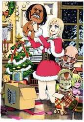  armored_titan blonde_hair blue_eyes blush boots box capelet cardboard_box christmas christmas_tree colossal_titan commentary_request dress emblem female female_titan highres indoors jaw_titan kneeling krista_lenz looking_at_viewer nobita_(makoto7060355) santa_costume shingeki_no_kyojin short_hair solo survey_corps_(emblem) titan_(shingeki_no_kyojin) toy window ymir_(shingeki_no_kyojin) 