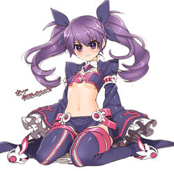  aisha_landar bad_id bad_pixiv_id bandeau blush boots breasts covered_nipples elsword female full_body highres limble long_hair midriff miniskirt navel photoshop_(medium) purple_eyes purple_footwear purple_hair simple_background sitting skirt sleeves_past_wrists small_breasts solo thigh_boots thighhighs translated twintails void_princess_(elsword) wariza white_background 