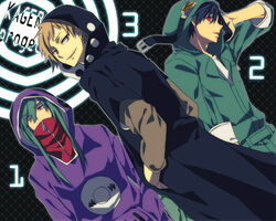  2boys black_hair blonde_hair commentary_request dutch_angle female goggles green_hair grin hands_in_pocket hands_in_pockets hood hoodie kagerou_project kano_shuuya kido_tsubomi long_hair multiple_boys red_eyes seto_kousuke short_hair smile subaru_(hz) 