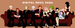  4girls 6+boys alternate_costume argilla black_dress black_eyes black_hair cielo commentary_request digital_devil_saga dress facial_mark feline gale_(dds) green_eyes green_hair grey_eyes grey_hair heat_(dds) highres jenna_angel jinana lupa multiple_boys multiple_girls mutou_(meltie) nail_polish photoshop_(medium) pink_eyes pink_hair purple_eyes purple_hair red_eyes red_hair roland_(dds) schrodinger_(dds) sera_(dds) serph sitting smile tattoo 