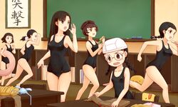  6+girls asymmetrical_bangs bad_id bad_pixiv_id black_hair black_one-piece_swimsuit bra braid brown_eyes classroom fukuda_haru girls_und_panzer glasses hamada_kiyo holding hosomi_shizuko ikeda_emi indoors long_hair multiple_girls nagura_setsuko nishi_kinuyo one-piece_swimsuit open_mouth round_eyewear running school_swimsuit short_hair single_braid smile standing sweatdrop swim_cap swimsuit tamada_tamaki twin_braids underwear viscount_shishamo wavy_mouth 