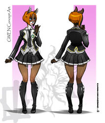  2014 abstract_background adolescent anthro applebottom_family biped black_nose blue_eyes bottomwear breasts brown_body brown_fur clothing deer female footwear fur gwen_applebottom hair hollandworks kamina1978 knee_highs knee_socks legwear lips mammal model_sheet necktie orange_hair school_uniform shoes short_hair simple_background skirt small_breasts smile socks solo spots standing student uniform white_body white_fur wide_hips young 